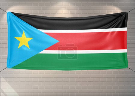 Sudan, Südsudan Nationalflagge Stoff weht auf schönen Ziegeln Hintergrund.