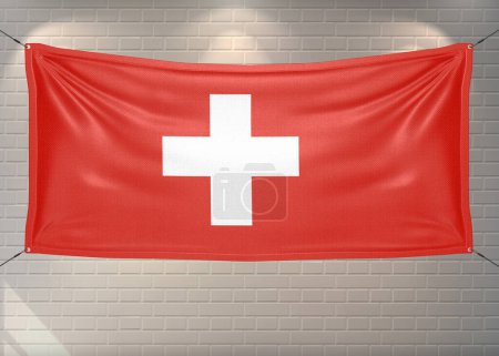 Switzerland national flag cloth fabric waving on beautiful bricks Background.