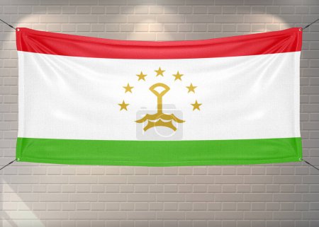 Tajikistan national flag cloth fabric waving on beautiful bricks Background.