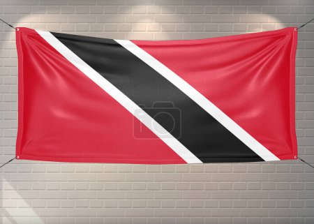 Trinidad and Tobago national flag cloth fabric waving on beautiful bricks Background.