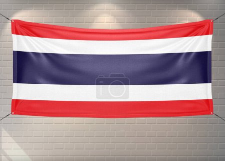 Thailand national flag cloth fabric waving on beautiful bricks Background.