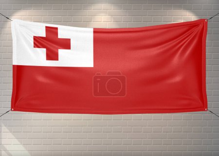 Tonga Nationalflagge Stoff weht auf schönen Ziegeln Hintergrund.