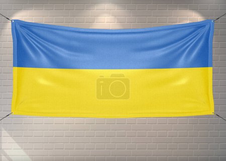 Ukraine national flag cloth fabric waving on beautiful bricks Background.
