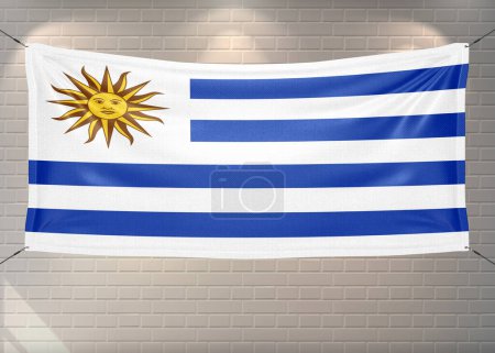 Uruguay national flag cloth fabric waving on beautiful bricks Background.