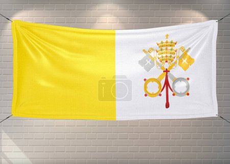 Vatican City national flag cloth fabric waving on beautiful bricks Background.
