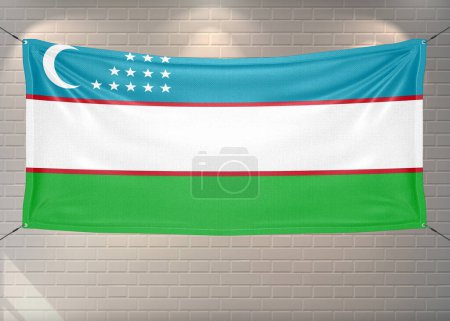 Usbekistans Nationalflagge weht auf schönen Ziegeln.