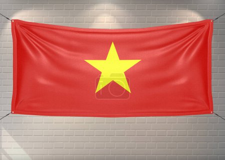 Vietnam Nationalflagge Stoff weht auf schönen Ziegeln Hintergrund.