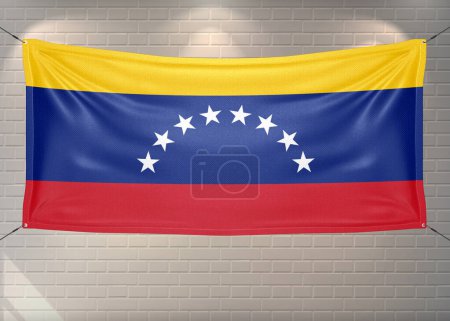 Venezuela national flag cloth fabric waving on beautiful bricks Background.