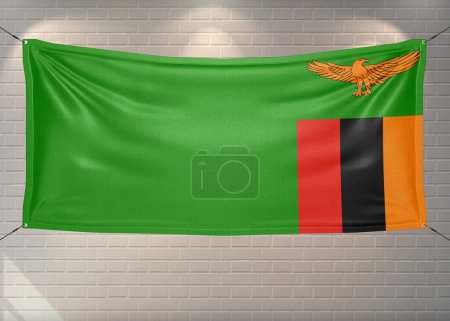 Sambia Nationalflagge Stoff weht auf schönen Ziegeln Hintergrund.