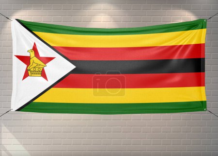 Simbabwe Nationalflagge Stoff weht auf schönen Ziegeln Hintergrund.