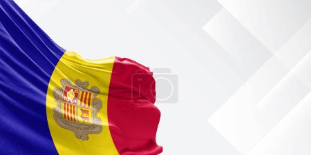 Andorra Nationalflagge Stoff weht auf schönen weißen Hintergrund.