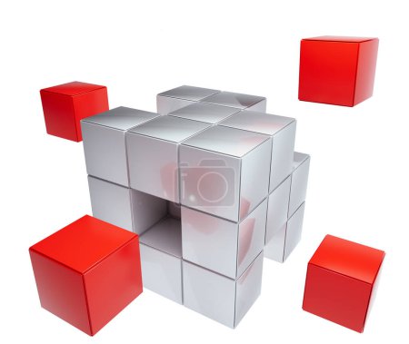 Foto de 3d cubos, cajas rojas entre cuadrados grises - rejilla, matriz de núcleo, matriz, célula, qubit, almacenamiento, parte de la totalidad - Imagen libre de derechos