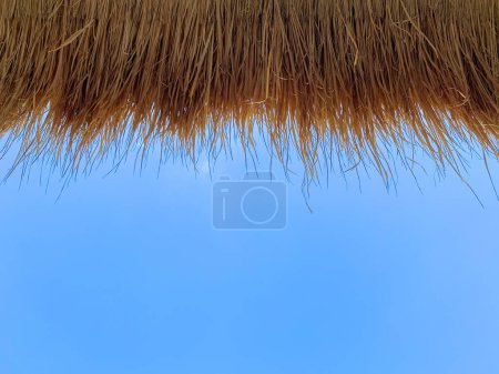 Foto de Techo de paja contra un cielo azul claro. Vista desde abajo, espacio libre, amarillo-azul - Imagen libre de derechos