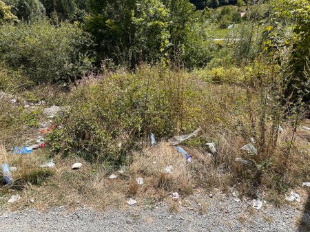 Photo for Large amount of household waste on the side of the road in bushes and on the ground. The problem of irresponsible tourism and pollution of the environment - Royalty Free Image