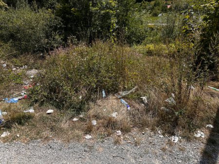 Photo for Large amount of household waste on the side of the road in bushes and on the ground. The problem of irresponsible tourism and pollution of the environment - Royalty Free Image