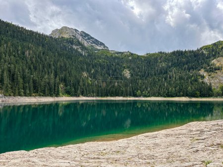 Foto de Paisaje con lago transparente de montaña azul y bosque de coníferas alrededor. - Imagen libre de derechos