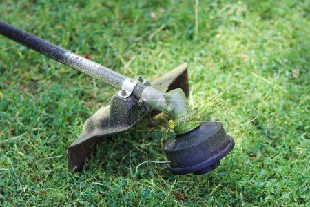 Photo for Lawn mower cutting the grass.electric grass trimmer.close-up of machinery for the yard.manual lawn mower.lawn care.housekeeping.house and yard care.summer routine.grass scythe.lawn care.green grass.mowing the grass.cutting lawn.gardening equipment. - Royalty Free Image