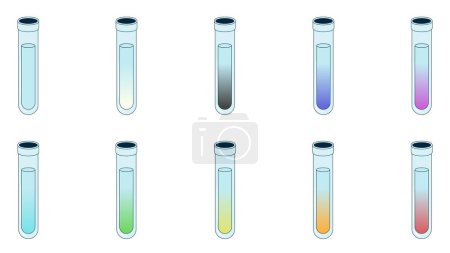 Tubes à essai remplis de différentes solutions colorées (réaction chimique) : blanc, noir, bleu, violet, vert, orange, jaune, rouge, transparent