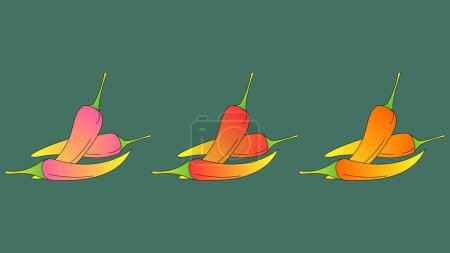 Chili (Cayenne), würzige Paprika in wechselnden Farben (rosa, orange, rot, gelb) auf grünem Hintergrund, Illustration