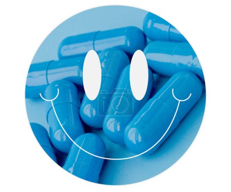 Weißes Lächeln, gefüllt mit blauen Pillen (Kapseln) auf weißem Hintergrund