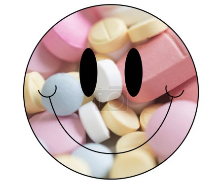 Black smile icon filled with pink and yellow pills (capsules) on a white background