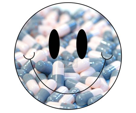 Black smile icon filled with white and blue pills (capsules) on a white background