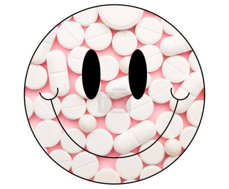 Black smile icon filled with white pills (capsules) on a pink background