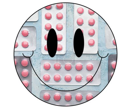 Icono de sonrisa negra lleno de píldoras rosadas (cápsulas) sobre un fondo blanco