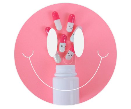 Weißes Lächeln, gefüllt mit rosa und weißen Pillen (Kapseln) auf rosa Hintergrund