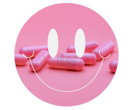 Icono de sonrisa blanca lleno de píldoras rosadas (cápsulas) sobre un fondo rosa