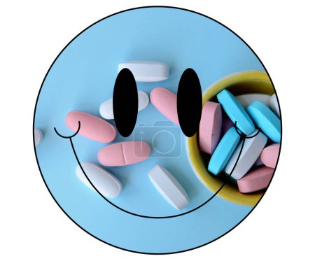 icône sourire noir rempli de pilules roses et bleues (capsules) sur un fond blanc
