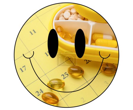Schwarzes Lächeln, gefüllt mit gelben Pillen (Kapseln) auf weißem Hintergrund