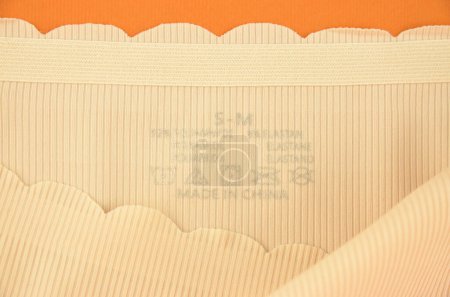 Ropa interior femenina sin costuras (invisible) beige (lencería, bragas, calzoncillos) con borde ondulado primer plano aislado con una etiqueta impresa en el interior