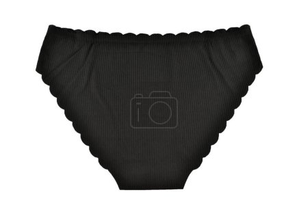 Sous-vêtements pour femmes sans couture (invisible) noirs (lingerie, culotte, slip) avec bord ondulé isolé, vue du haut vers l'arrière