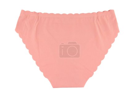Sous-vêtements pour femmes rose pêche sans couture (invisible) (lingerie, culotte, slip) avec bord ondulé isolé, vue du haut vers l'arrière