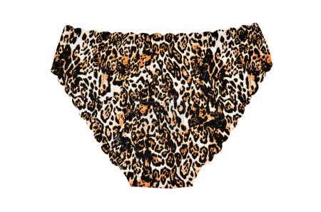 Ropa interior femenina sin costuras (invisible) de leopardo (lencería, bragas, calzoncillos) con borde ondulado aislado, vista superior posterior