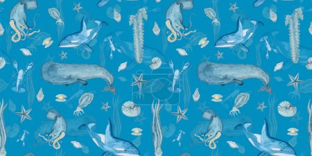 Téléchargez les photos : Modèle avec des animaux de mer sur un fond bleu - en image libre de droit