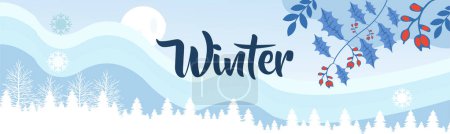 Illustration for Flat winter landscape. Snowy backgrounds. Snowdrifts. Snowfall. Clear blue sky. Design elements for poster, book cover, brochure, magazine, flyer, booklet. Winter background banner. - Royalty Free Image