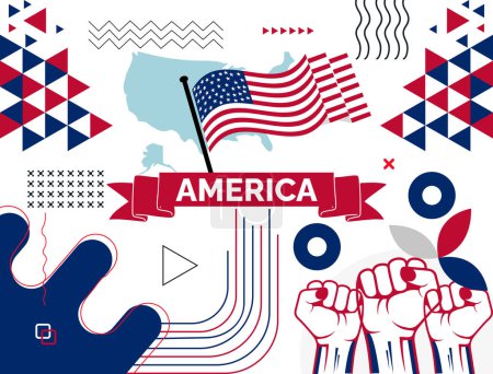 USA and raised fists. National day or Independence day design for USA celebration. Modern retro design with abstract icons. Vector illustration.
