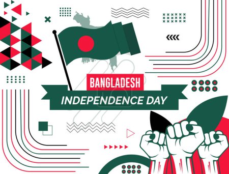 Ilustración de BANGLADESH banner de día nacional con mapa, bandera colores tema fondo y geométrico abstracto retro moderno colorido diseño con las manos o puños levantados. - Imagen libre de derechos