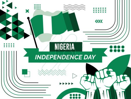 Ilustración de NIGERIA banner de día nacional con mapa, bandera colores tema fondo y geométrico abstracto retro moderno colorido diseño con las manos o puños levantados. - Imagen libre de derechos