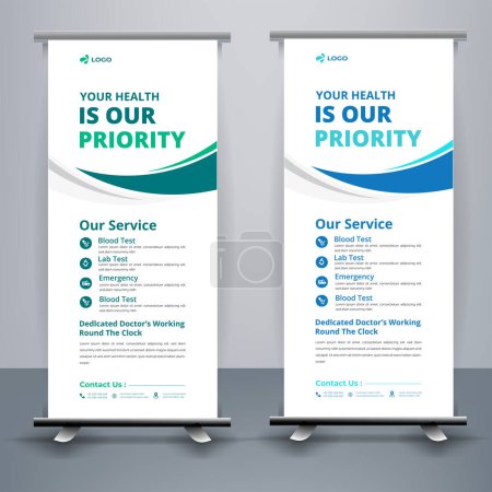 Illustration for Modern healthcare and medical roll up design for hospital doctor clinic dental. standing banner template decoration for exhibition, printing, presentation, elegant layout. - Royalty Free Image