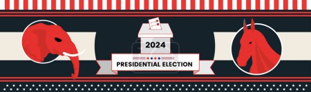 Illustration for Presidential USA Election Banner for year 2024. American Election campaign between democrats and republicans. Election symbol elephent and donkey. Vote America. Ballot box. - Royalty Free Image