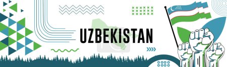 Ilustración de Banner de día nacional de Uzbekistán con mapa, fondo de tema de colores de bandera y diseño retro moderno geométrico abstracto colorido con manos o puños levantados. - Imagen libre de derechos