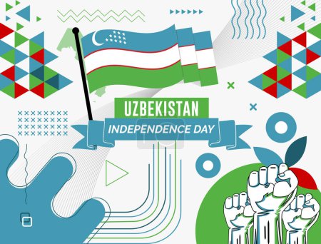 Ilustración de Banner de día nacional de Uzbekistán con mapa, fondo de tema de colores de bandera y diseño retro moderno geométrico abstracto colorido con manos o puños levantados. - Imagen libre de derechos