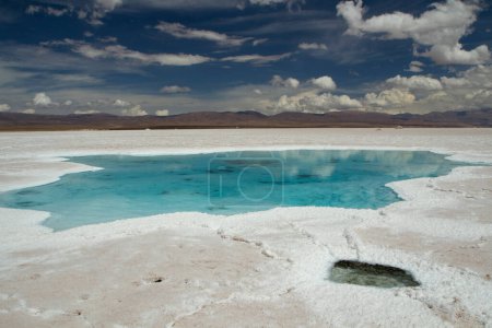 Natural salt flat. View of the turquoise salt pond and field under a beautiful blue sky in Salinas Grandes, Jujuy, Argentina. 
