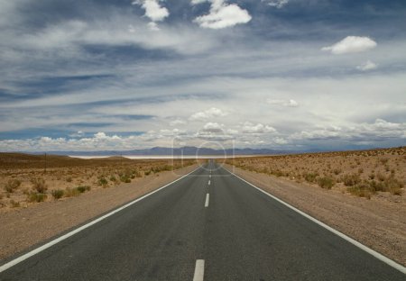 Photo for Traveling along the empty desert road. Asphalt highway across the arid valley and mountains under a beautiful sky. - Royalty Free Image