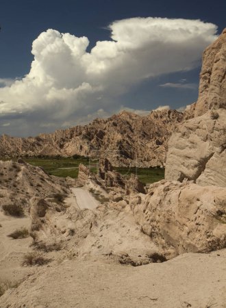 Foto vertical. Paisaje árido. Geología. Vista del valle seco, arenisca y colinas rocosas.