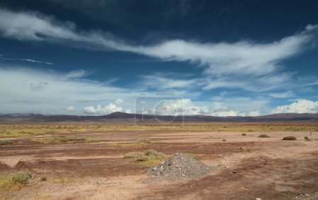 Photo for Emptiness. Panorama view of the arid desert, valley, grass and mountains in the background under a beautiful blue sky with dramatic clouds. - Royalty Free Image
