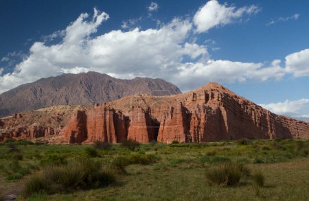 Photo for Geology. Panorama view of the red sandstone rock formations called The Castles in Cafayate, Salta, Argentina. - Royalty Free Image